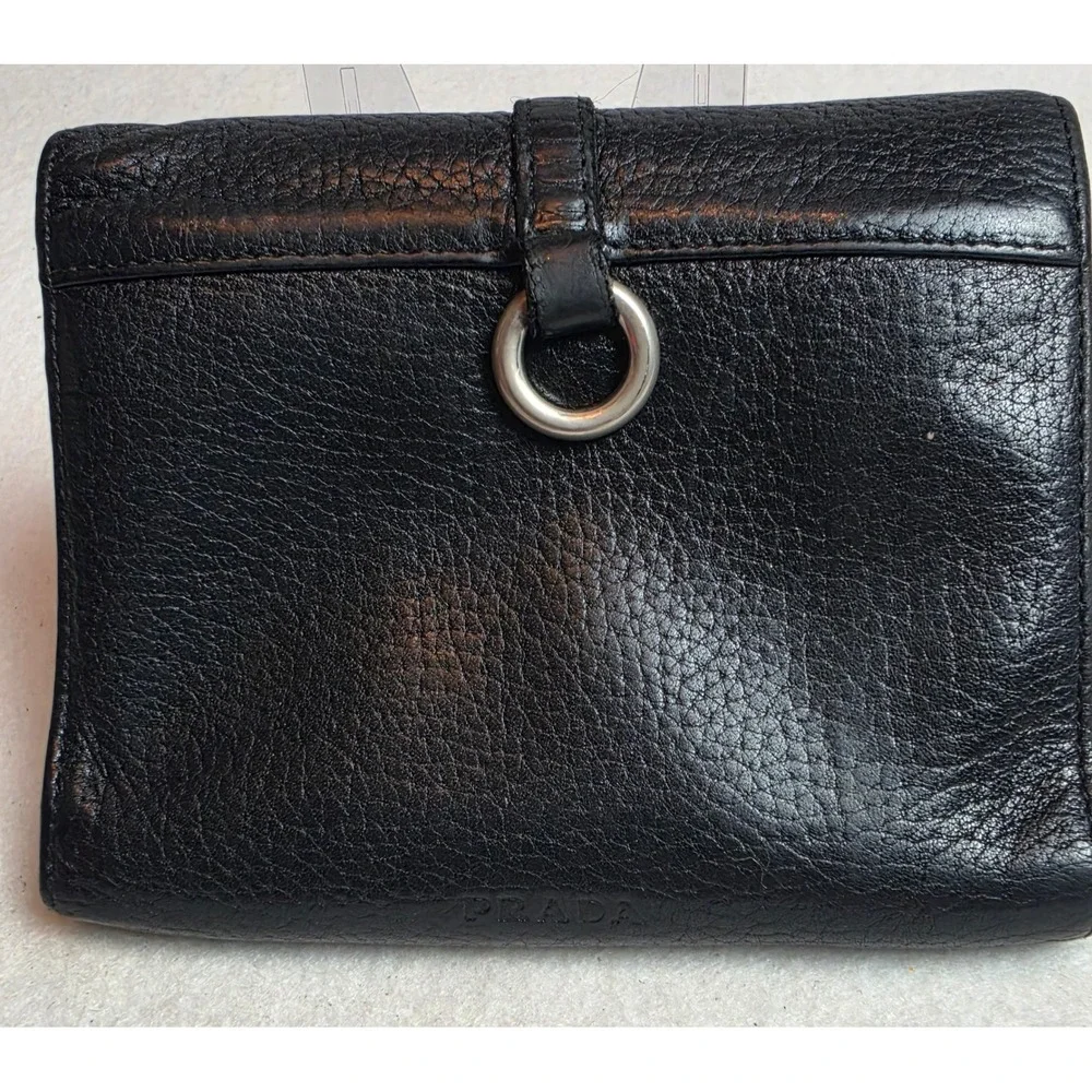 Authentic Black Pebbled Leather Trifold Wallet Buckle Ring Detail Made in Italy
